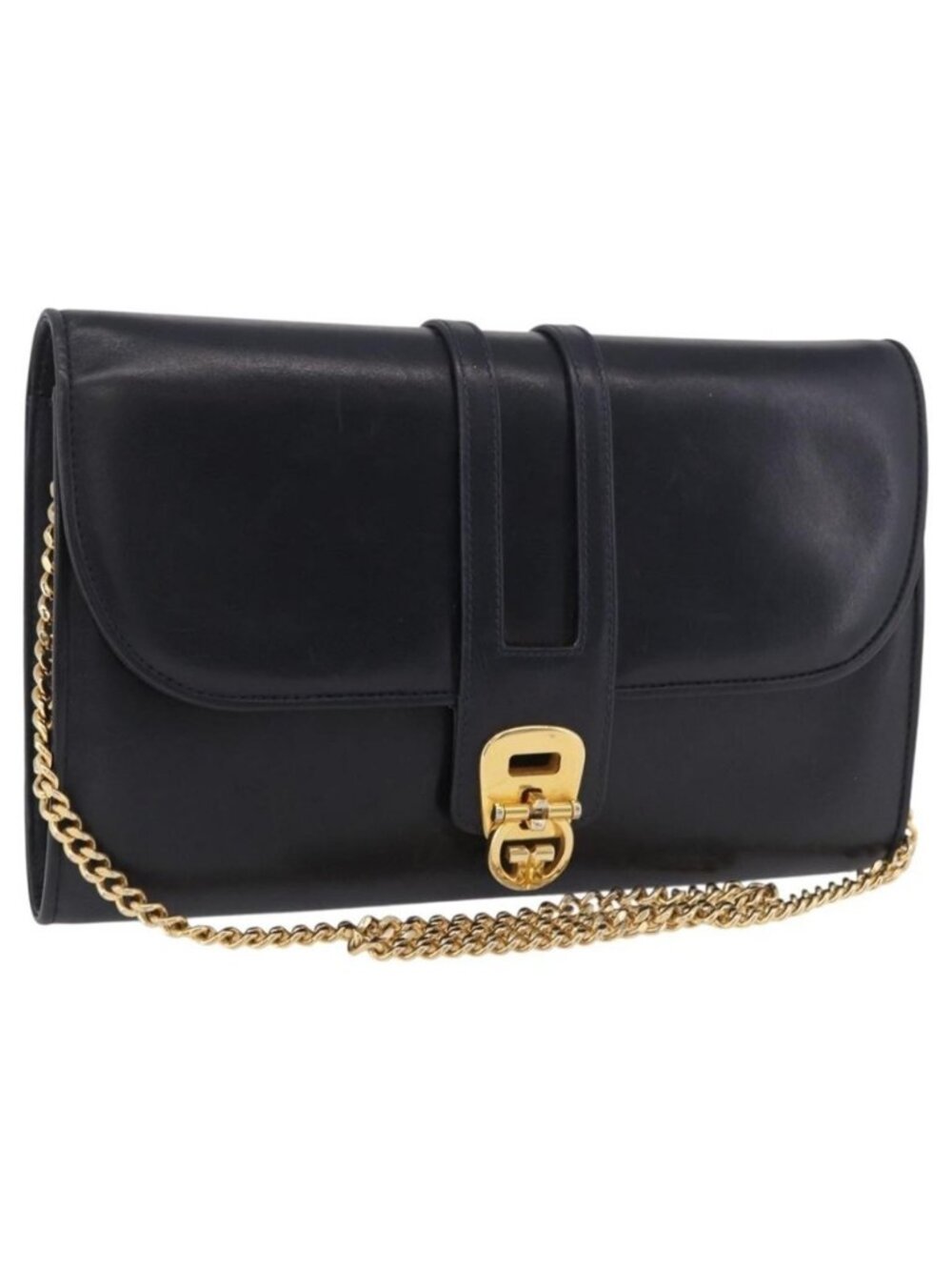 Authentic GUCCI Chain Shoulder Bag Leather Navy Gold